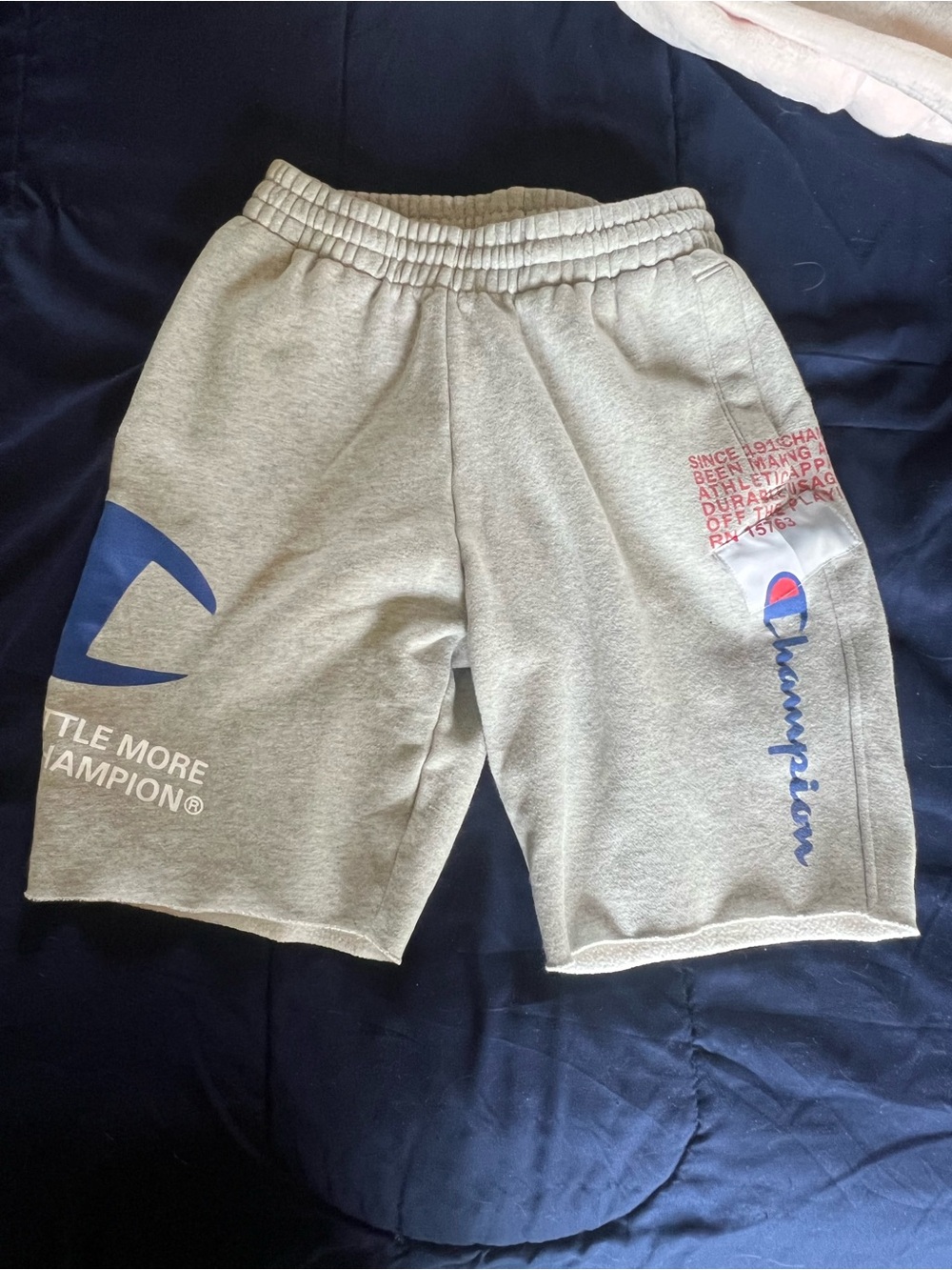 Champion Men's Light Gray Athletic Shorts with Blue and Red Logo Accents